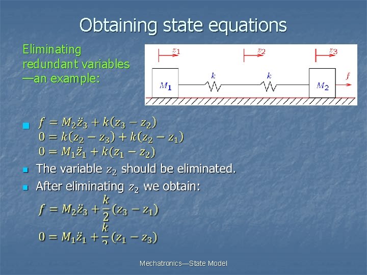 Obtaining state equations Eliminating redundant variables —an example: n Mechatronics—State Model 