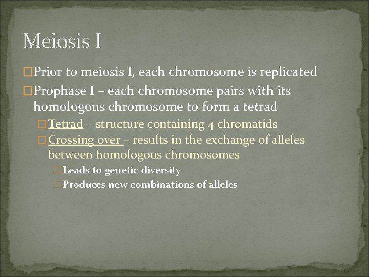 Meiosis I �Prior to meiosis I, each chromosome is replicated �Prophase I – each