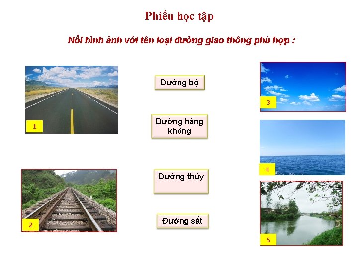 Phiếu học tập Nối hình ảnh với tên loại đường giao thông phù hợp