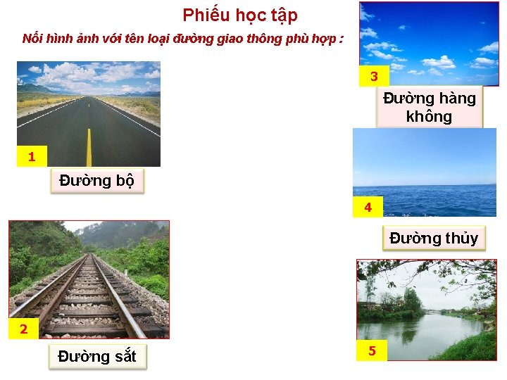 Phiếu học tập Nối hình ảnh với tên loại đường giao thông phù hợp