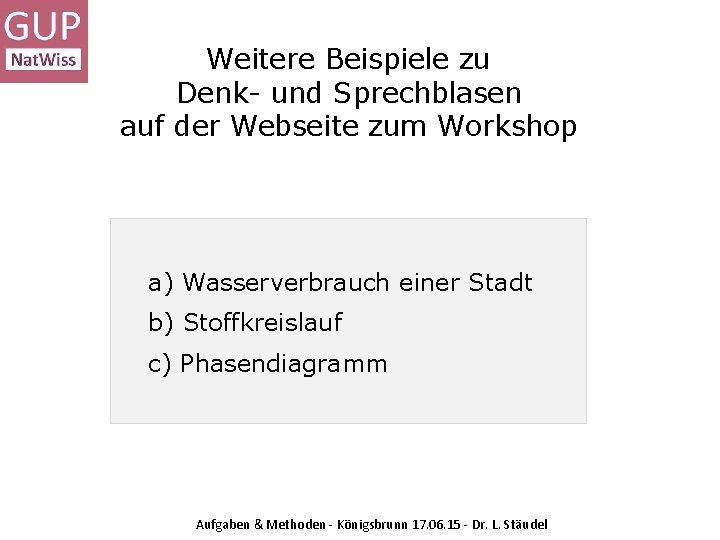 Weitere Beispiele zu Denk- und Sprechblasen auf der Webseite zum Workshop a) Wasserverbrauch einer