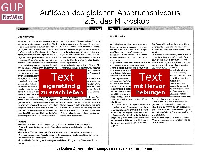 Auflösen des gleichen Anspruchsniveaus z. B. das Mikroskop Text eigenständig zu erschließen Text mit