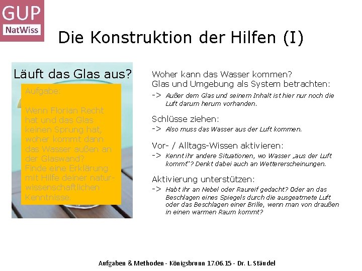 Die Konstruktion der Hilfen (I) Läuft das Glas aus? Aufgabe: Wenn Florian Recht hat