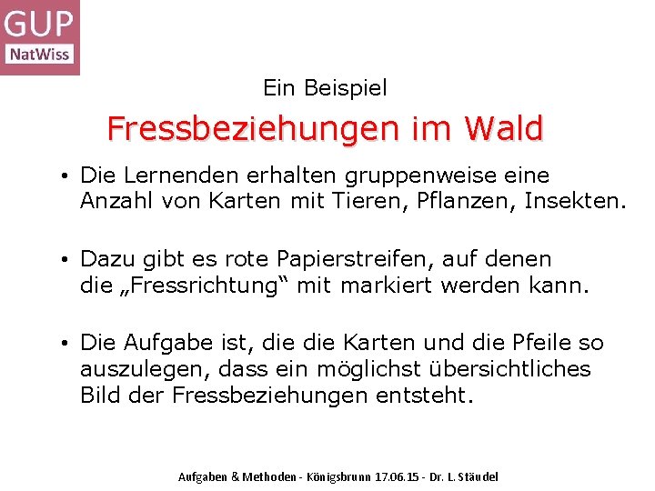 Ein Beispiel Fressbeziehungen im Wald • Die Lernenden erhalten gruppenweise eine Anzahl von Karten