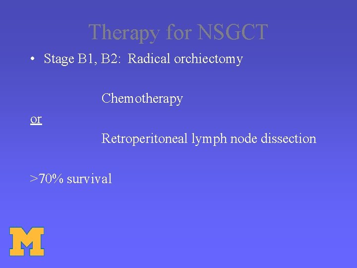Therapy for NSGCT • Stage B 1, B 2: Radical orchiectomy Chemotherapy or Retroperitoneal