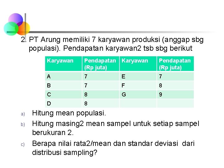 2. PT Arung memiliki 7 karyawan produksi (anggap sbg populasi). Pendapatan karyawan 2 tsb