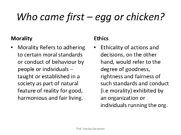 Who came first – egg or chicken? Morality Ethics • Morality Refers to adhering