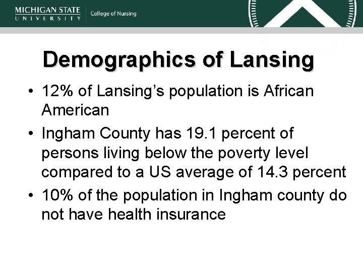 Demographics of Lansing • 12% of Lansing’s population is African American • Ingham County