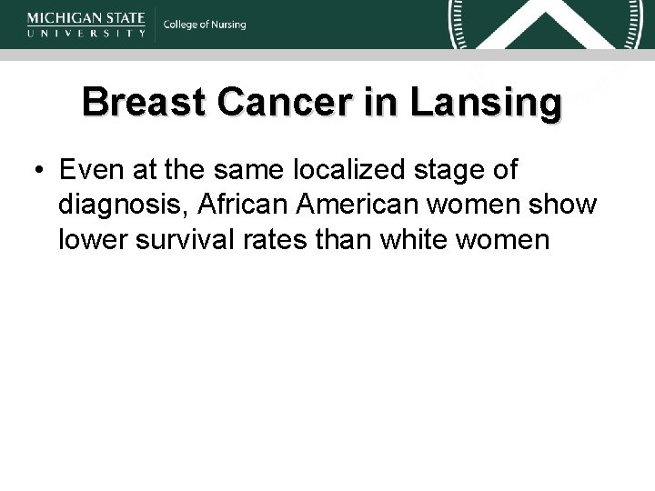 Breast Cancer in Lansing • Even at the same localized stage of diagnosis, African