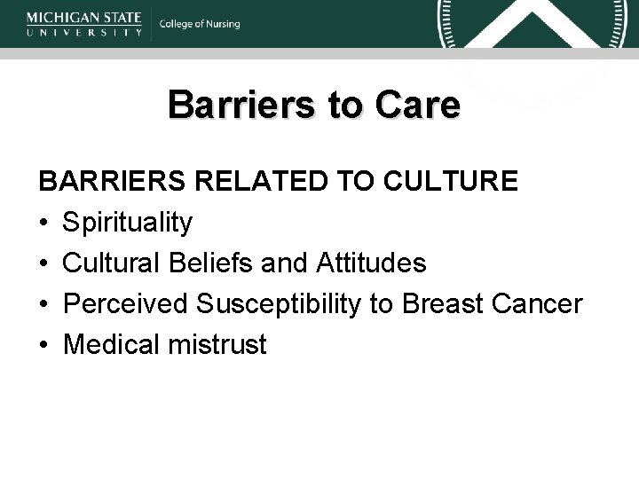 Barriers to Care BARRIERS RELATED TO CULTURE • Spirituality • Cultural Beliefs and Attitudes