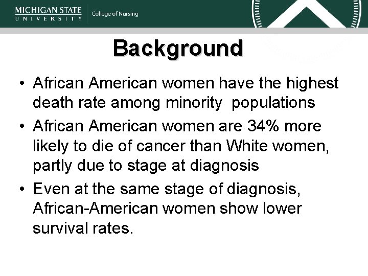 Background • African American women have the highest death rate among minority populations •