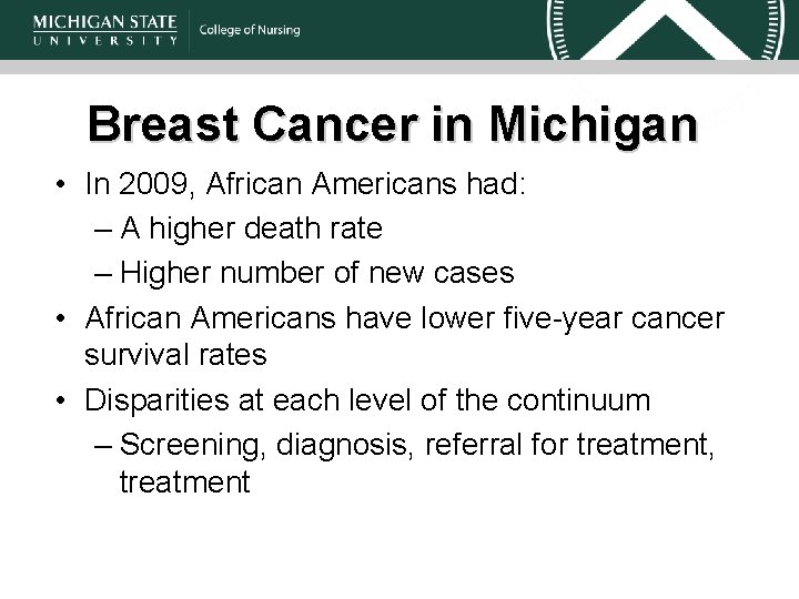 Breast Cancer in Michigan • In 2009, African Americans had: – A higher death