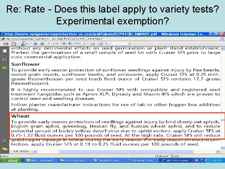 Re: Rate - Does this label apply to variety tests? Experimental exemption? 