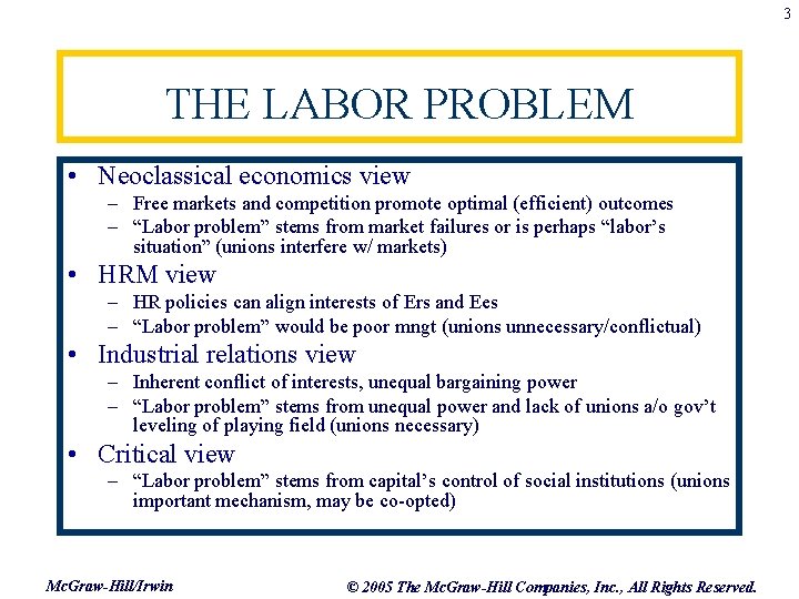 3 THE LABOR PROBLEM • Neoclassical economics view – Free markets and competition promote