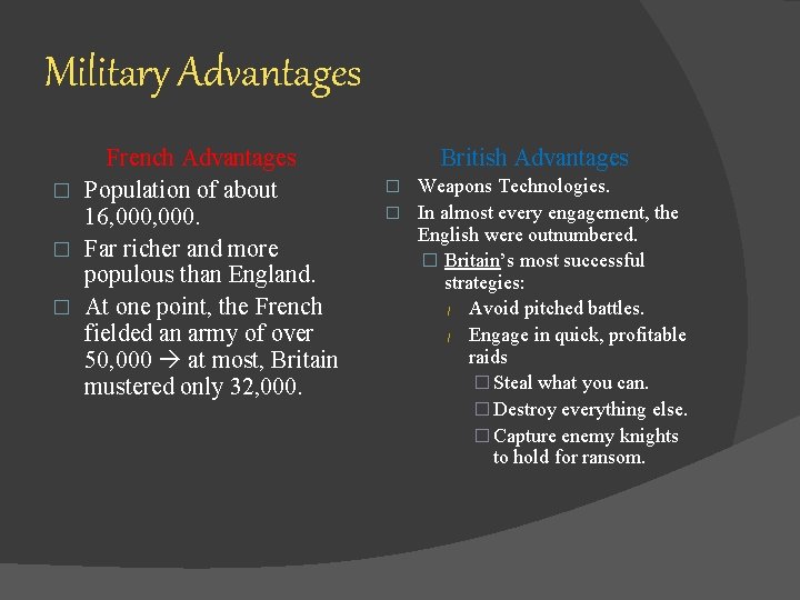 Military Advantages French Advantages � Population of about 16, 000. � Far richer and