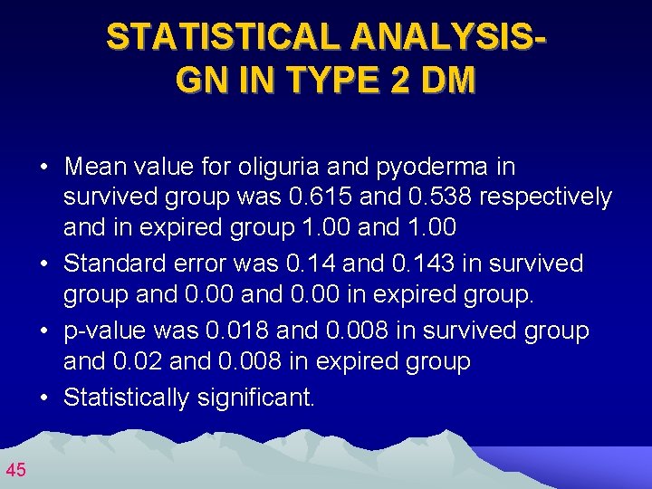 STATISTICAL ANALYSISGN IN TYPE 2 DM • Mean value for oliguria and pyoderma in