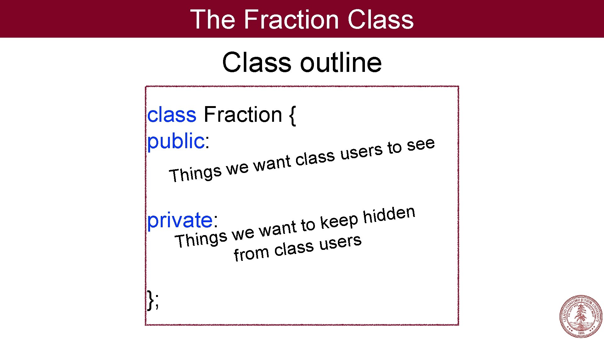 The Fraction Class outline class Fraction { public: a w e w s g
