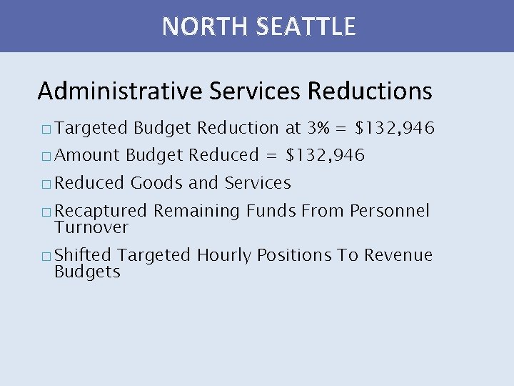 NORTH SEATTLE Administrative Services Reductions � Targeted � Amount Budget Reduction at 3% =