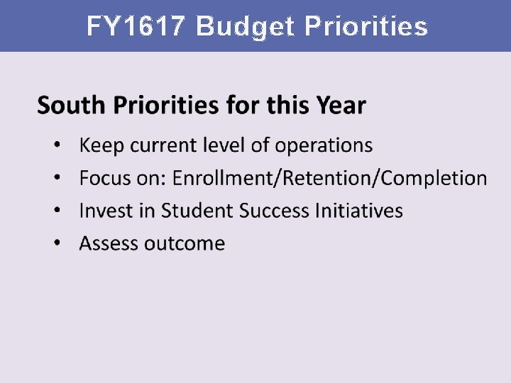 FY 1617 Budget Priorities 