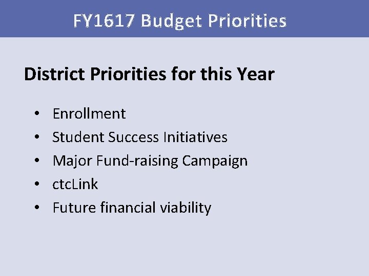 FY 1617 Budget Priorities District Priorities for this Year • • • Enrollment Student