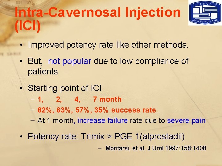 Intra-Cavernosal Injection (ICI) • Improved potency rate like other methods. • But, not popular