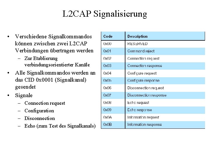 L 2 CAP Signalisierung • Verschiedene Signalkommandos können zwischen zwei L 2 CAP Verbindungen