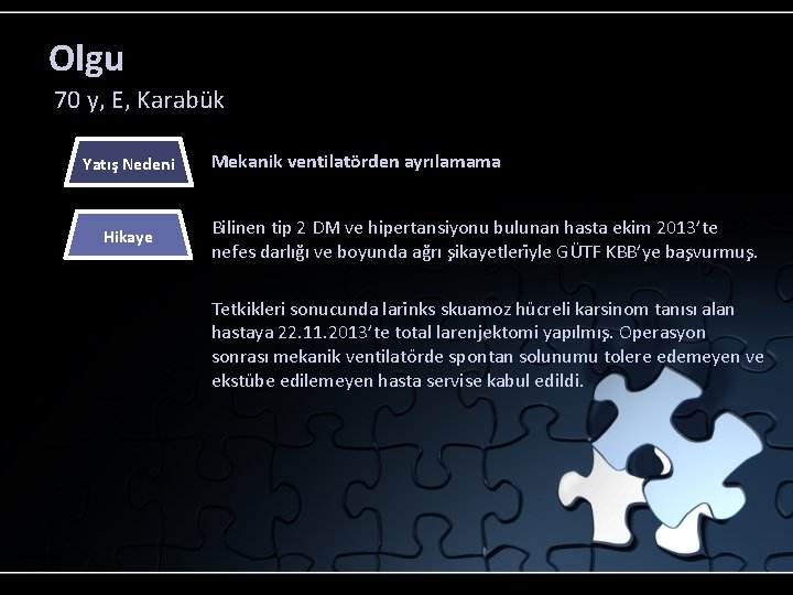 Olgu 70 y, E, Karabük Yatış Nedeni Hikaye Mekanik ventilatörden ayrılamama Bilinen tip 2