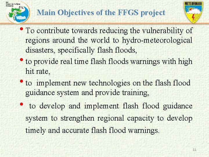 Main Objectives of the FFGS project • To contribute towards reducing the vulnerability of