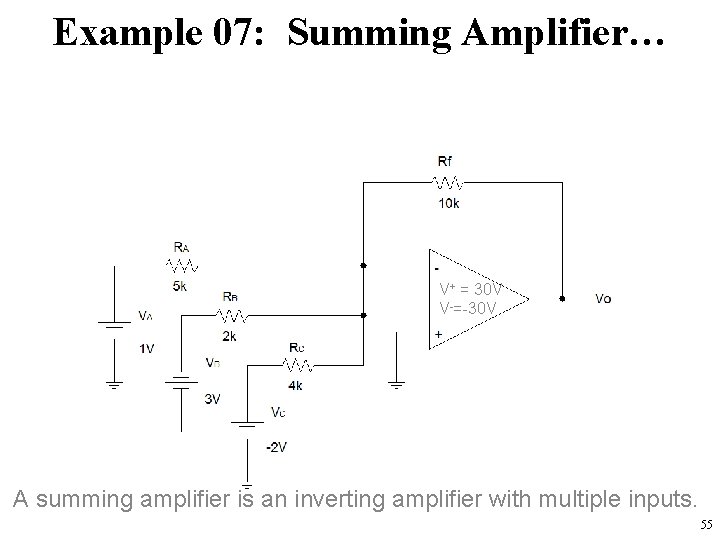 Example 07: Summing Amplifier… V+ = 30 V V-=-30 V A summing amplifier is