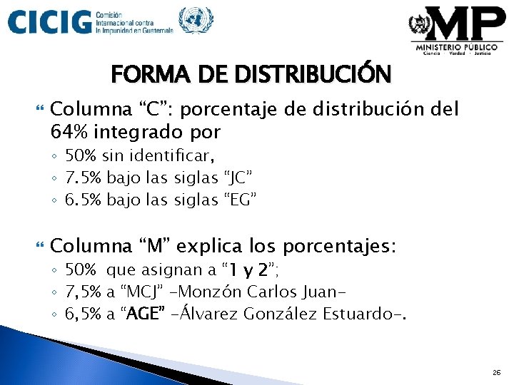 FORMA DE DISTRIBUCIÓN Columna “C”: porcentaje de distribución del 64% integrado por ◦ 50%