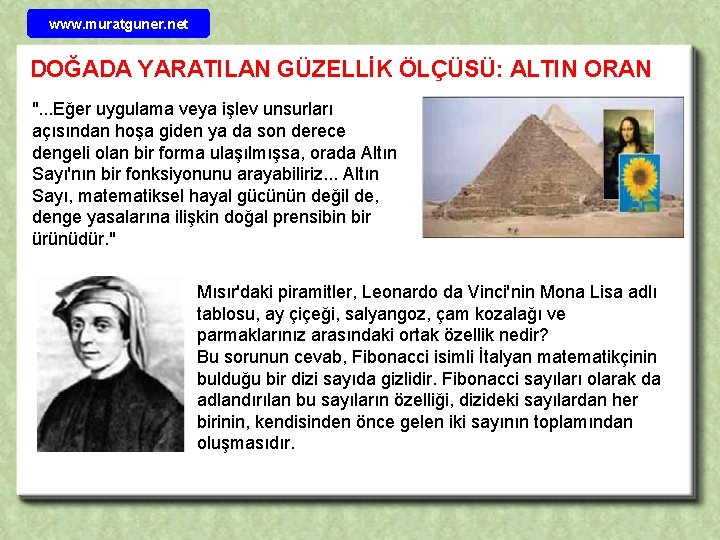 www. muratguner. net DOĞADA YARATILAN GÜZELLİK ÖLÇÜSÜ: ALTIN ORAN ". . . Eğer uygulama