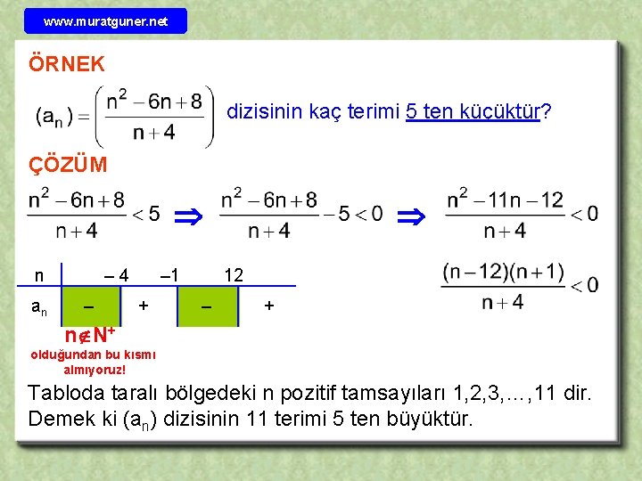 www. muratguner. net ÖRNEK dizisinin kaç terimi 5 ten küçüktür? ÇÖZÜM n an –