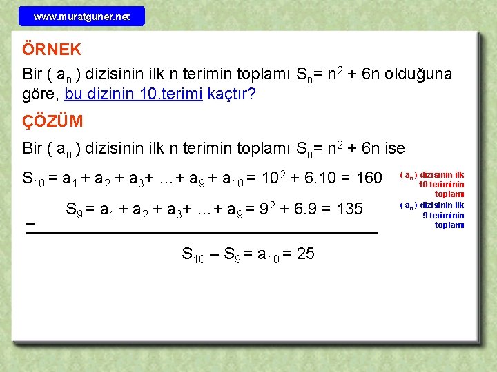 www. muratguner. net ÖRNEK Bir ( an ) dizisinin ilk n terimin toplamı Sn=