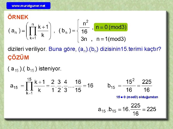 www. muratguner. net ÖRNEK dizileri veriliyor. Buna göre, (an). (bn) dizisinin 15. terimi kaçtır?