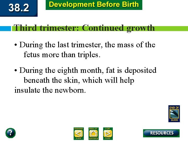 Third trimester: Continued growth • During the last trimester, the mass of the fetus