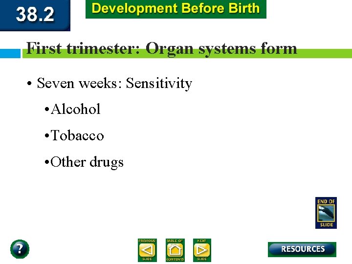 First trimester: Organ systems form • Seven weeks: Sensitivity • Alcohol • Tobacco •