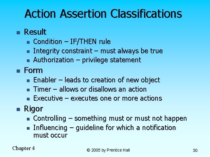 Action Assertion Classifications n Result n n Form n n Condition – IF/THEN rule