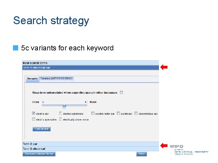 Search strategy 5 c variants for each keyword 
