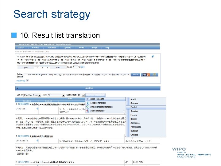 Search strategy 10. Result list translation 