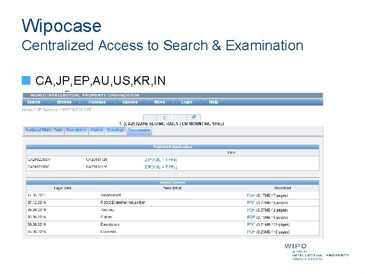 Wipocase Centralized Access to Search & Examination CA, JP, EP, AU, US, KR, IN