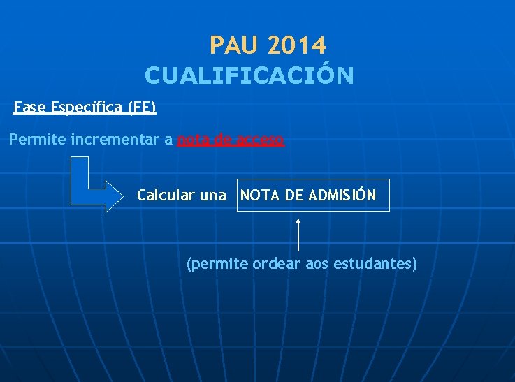 PAU 2014 CUALIFICACIÓN Fase Específica (FE) Permite incrementar a nota de acceso Calcular una