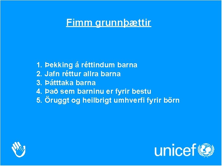 Fimm grunnþættir 1. Þekking á réttindum barna 2. Jafn réttur allra barna 3. Þátttaka