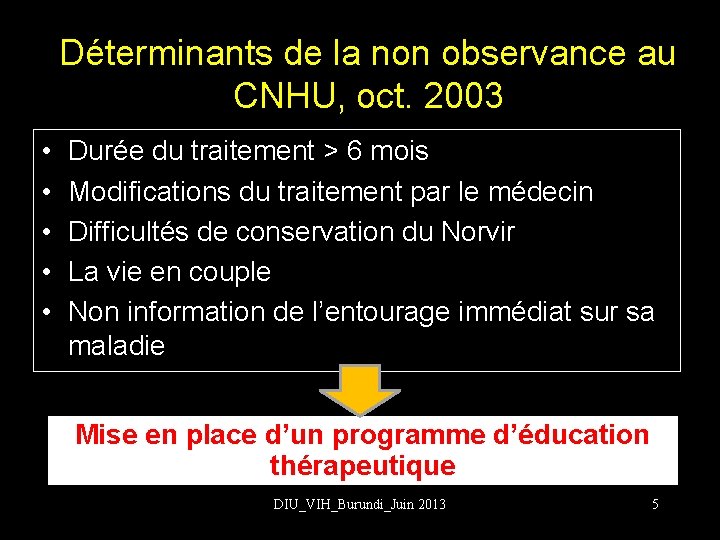 Déterminants de la non observance au CNHU, oct. 2003 • • • Durée du