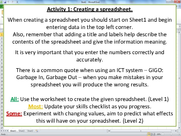 Activity 1: Creating a spreadsheet. When creating a spreadsheet you should start on Sheet Activity 1: Creating a spreadsheet. When creating a spreadsheet you should start on Sheet