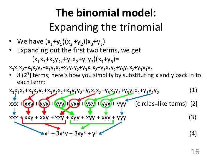 The binomial model: Expanding the trinomial • We have (x 1+y 1)(x 2 +y The binomial model: Expanding the trinomial • We have (x 1+y 1)(x 2 +y