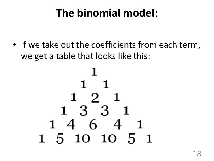 The binomial model: • If we take out the coefficients from each term, we The binomial model: • If we take out the coefficients from each term, we