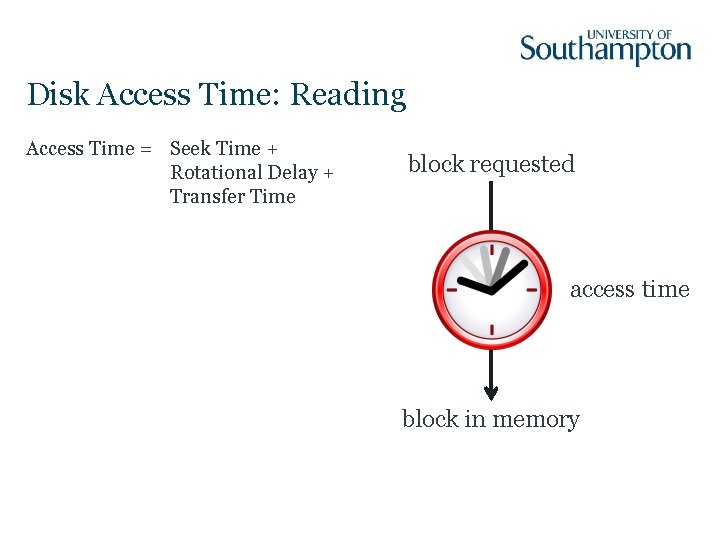 Disk Access Time: Reading Access Time = Seek Time + Rotational Delay + Transfer