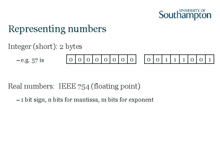 Representing numbers Integer (short): 2 bytes – e. g. 57 is 0 0 0