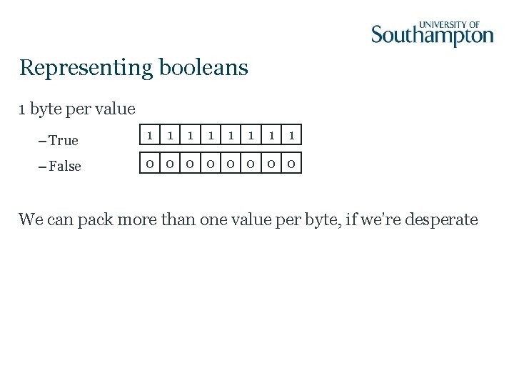 Representing booleans 1 byte per value – True 1 1 1 1 – False