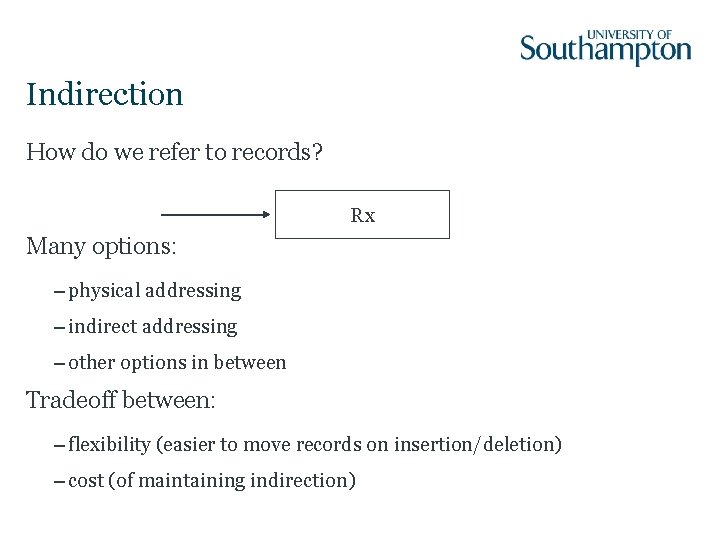 Indirection How do we refer to records? Rx Many options: – physical addressing –